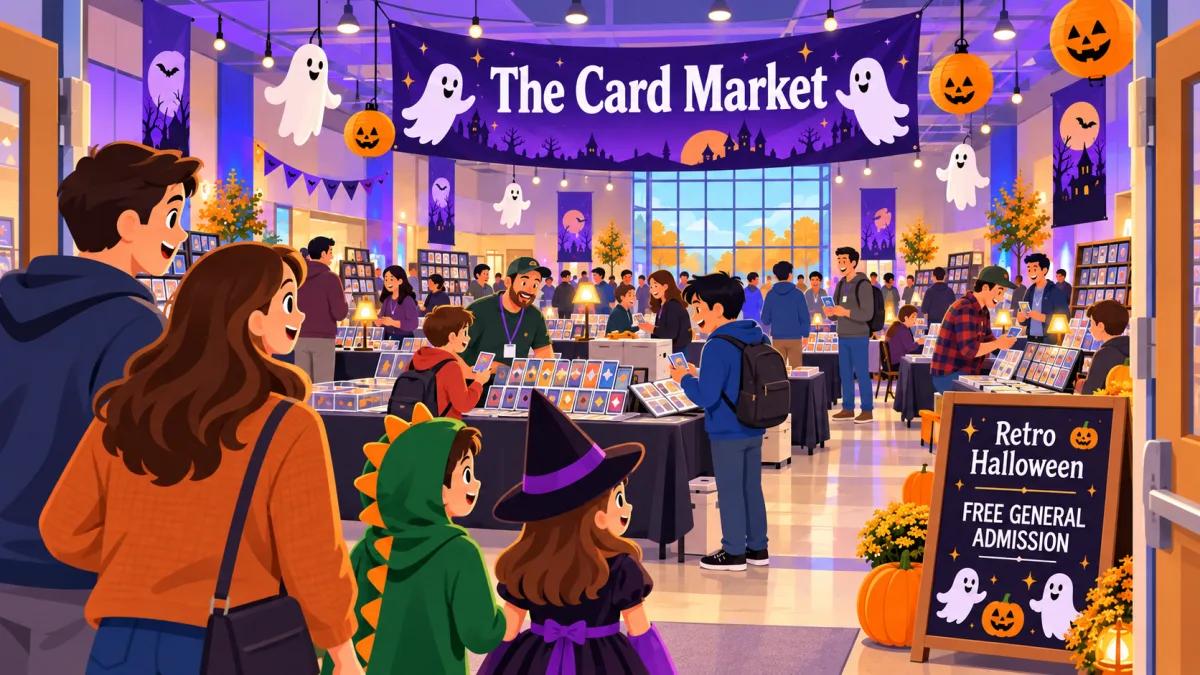 Families and collectors browse trading card tables in a recreation hall decorated with pumpkins and friendly ghosts. A banner above the vendor area reads The Card Market.