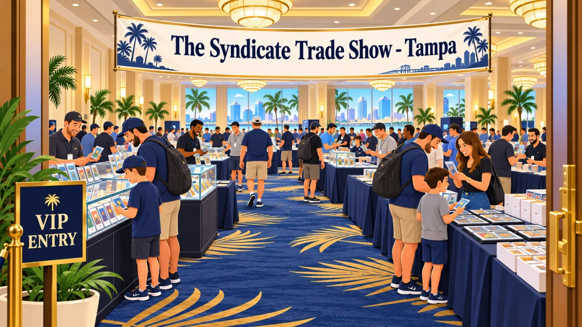 Collectors and families browse trading card displays and open binders inside a hotel ballroom. A banner above the aisles reads The Syndicate Trade Show - Tampa.