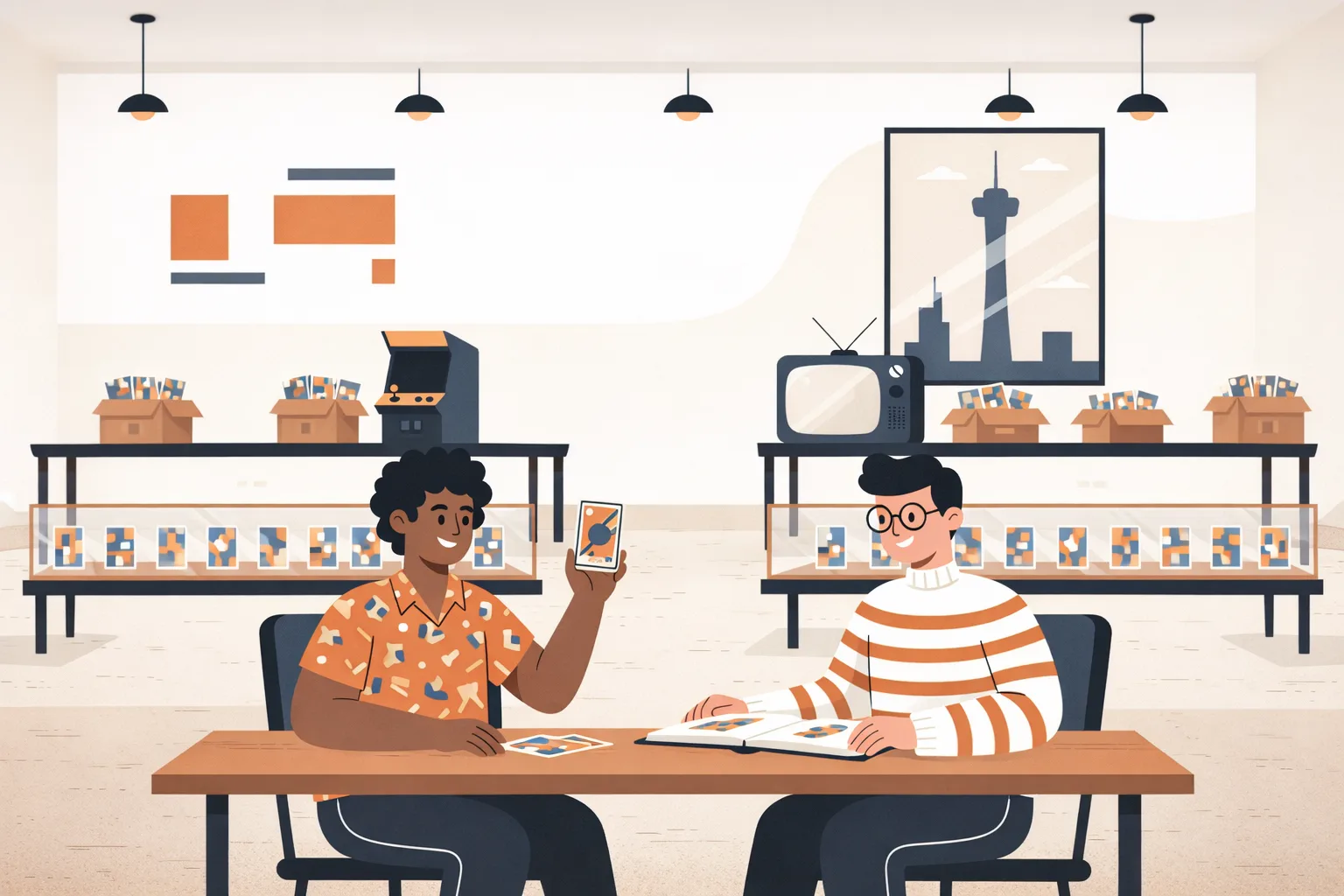 Modern flat illustration of two collectors trading cards at a table inside a retro-themed card shop, with display cases, arcade machines, and a framed city skyline art print in the background.
