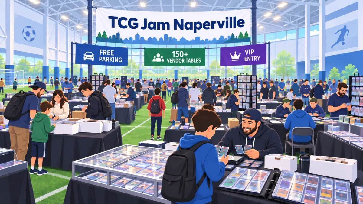 Collectors and families browse card tables inside a bright indoor sports center beneath a TCG Jam Naperville banner.