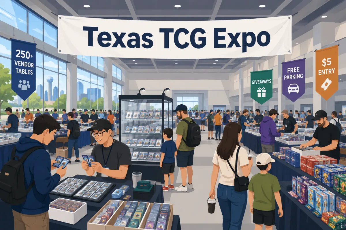Texas TCG Expo convention hall in Dallas with collectors browsing glass display cases of graded cards, binders, and sealed booster box tables.