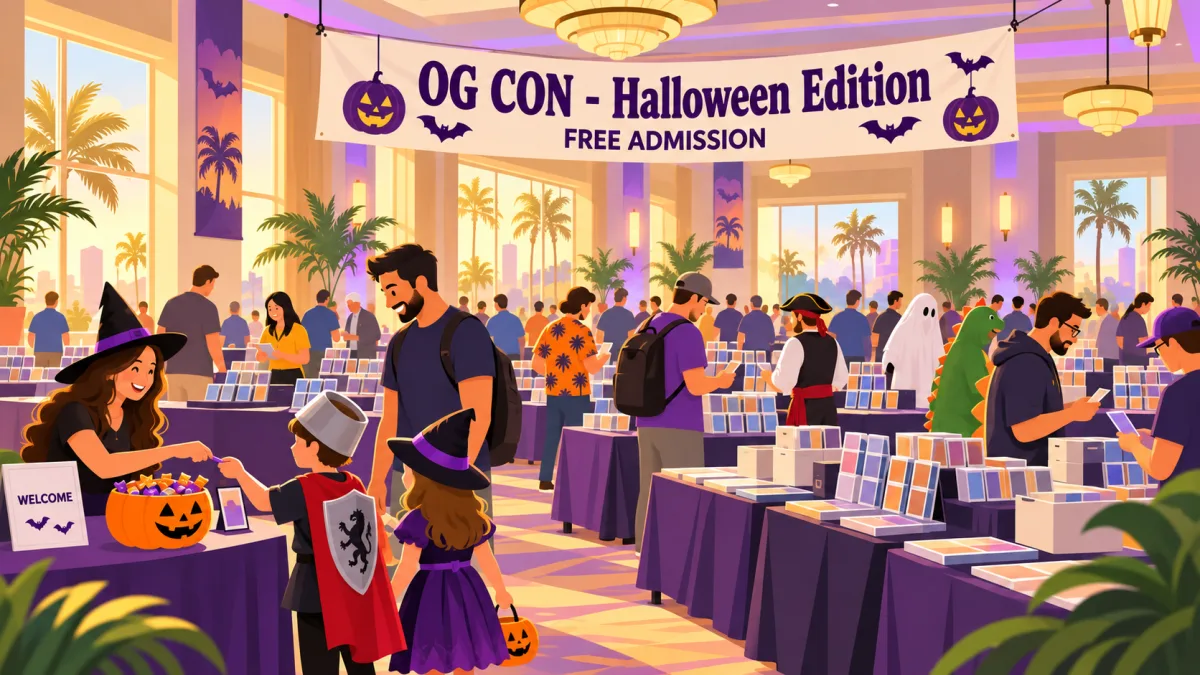 Visitors browse trading-card tables beneath an OG CON - Halloween Edition banner in a warmly lit ballroom. A few attendees wear costumes, and a candy bowl sits on the welcome table.
