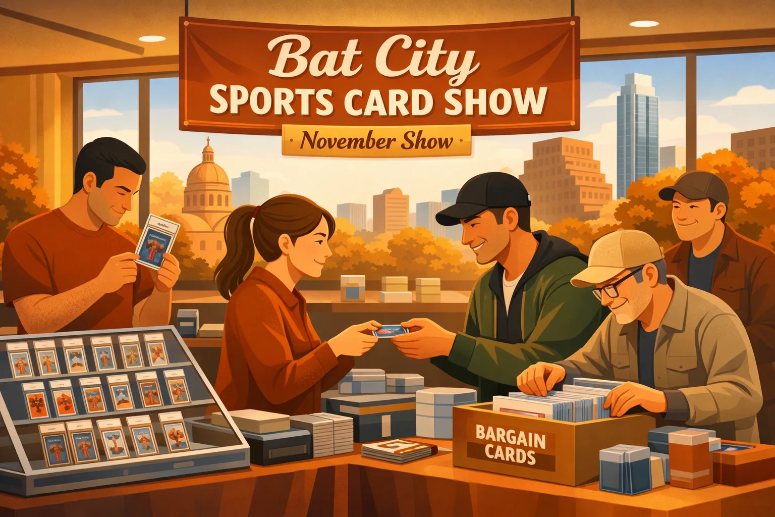 Bat City Sports Card Show in Austin, Texas during the November 2026 sports card event at Kenny’s Collectibles, with collectors trading cards, browsing value boxes, and examining graded cards in a warm late-fall shop setting.