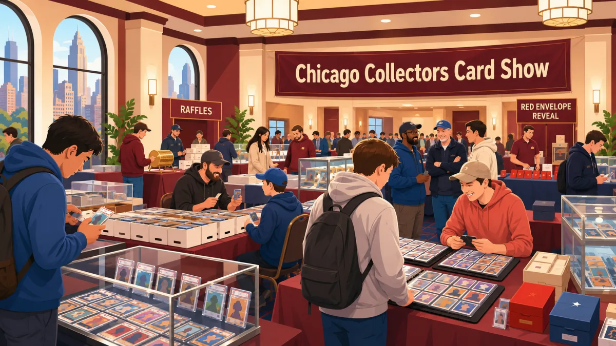 Illustration of collectors browsing trading cards at vendor tables inside a Chicago restaurant event room beneath a Chicago Collectors Card Show banner.