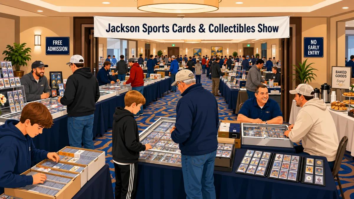 Illustration of collectors browsing card tables in a Jackson hotel conference room beneath a Jackson Sports Cards & Collectibles Show banner, with free-admission and no-early-entry signs.