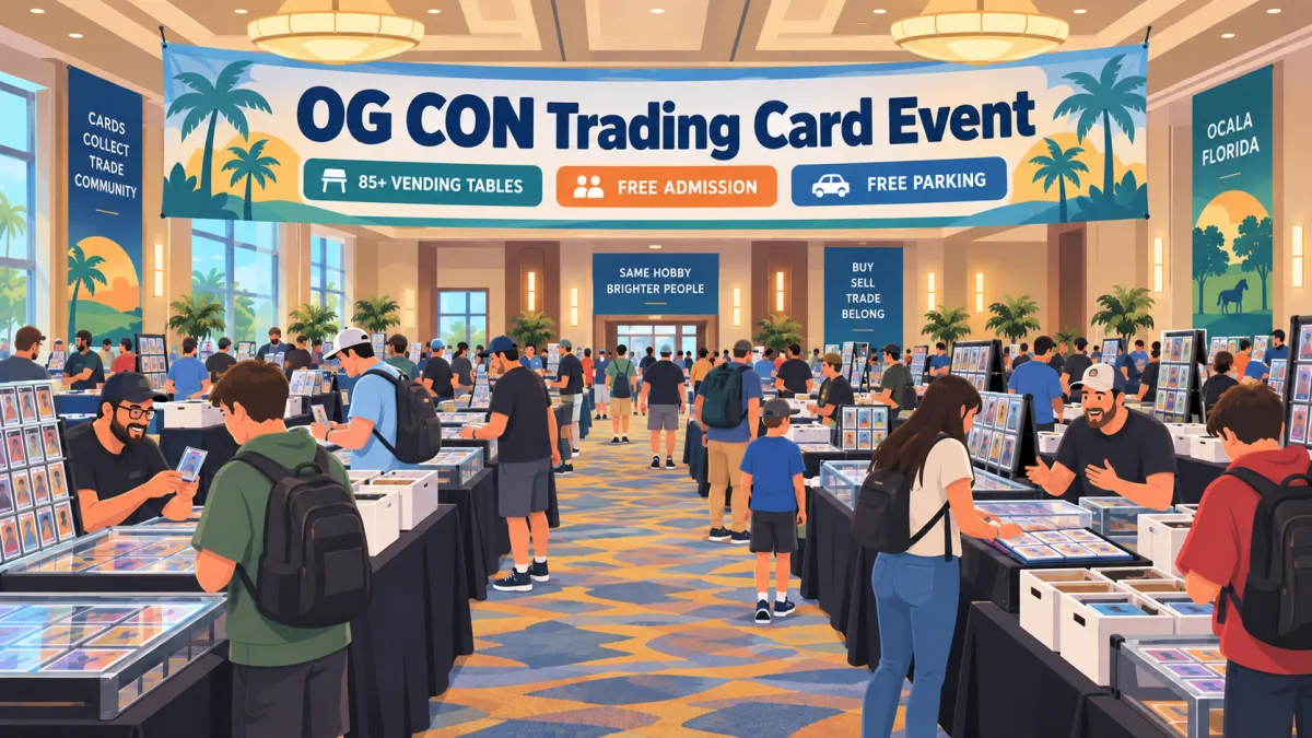 Illustrated hotel ballroom with rows of trading card vendor tables and collectors beneath an OG CON Trading Card Event banner.