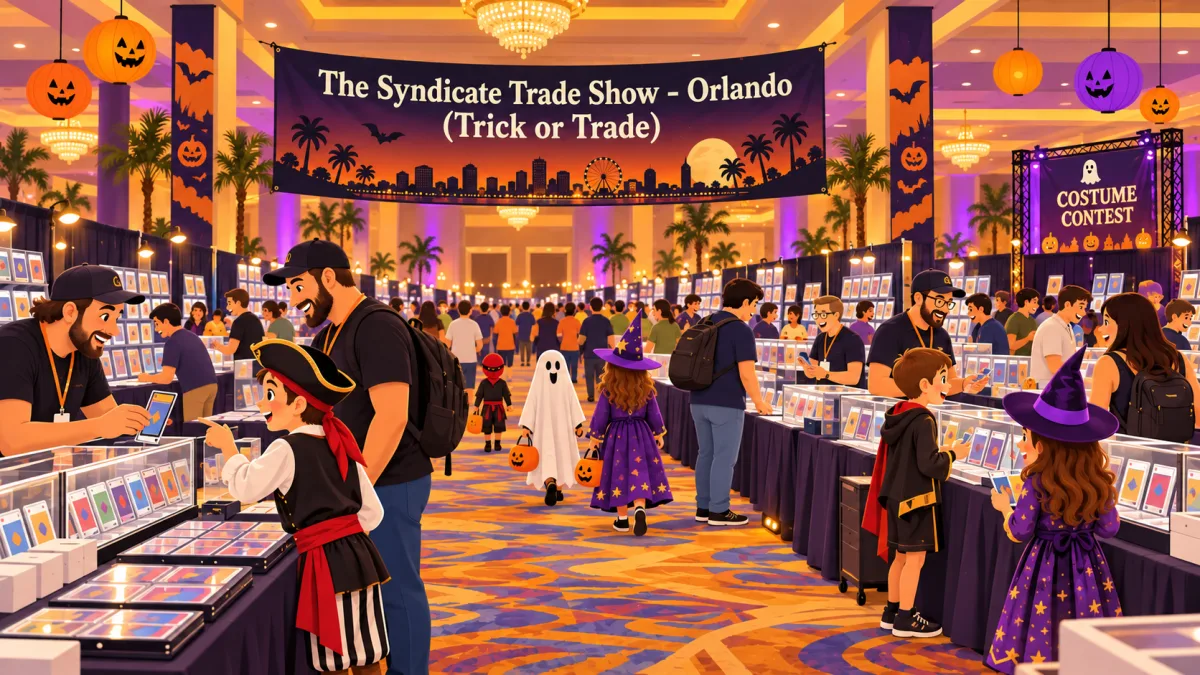 Collectors and families in Halloween costumes browse trading-card tables in an Orlando resort ballroom. Pumpkins and a costume contest sign decorate the aisle beneath a Syndicate Trade Show banner.