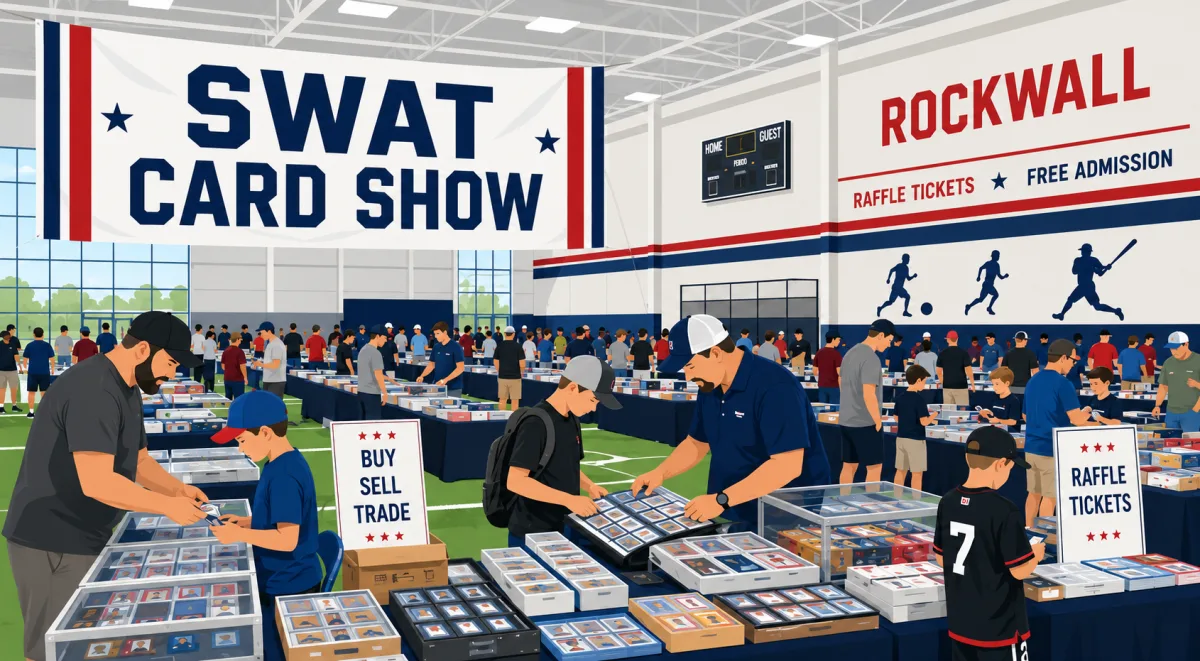 SWAT Card Show at Rockwall indoor sports facility, with collectors browsing graded card display cases, vendor tables on turf, and Buy/Sell/Trade and raffle ticket signage.