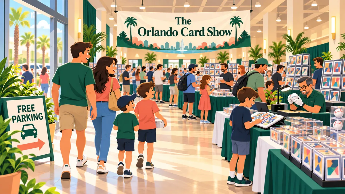Families and collectors browse card displays and memorabilia beneath a banner reading The Orlando Card Show. A free parking sign stands near the entrance, and a person examines a signed ball at a side table.