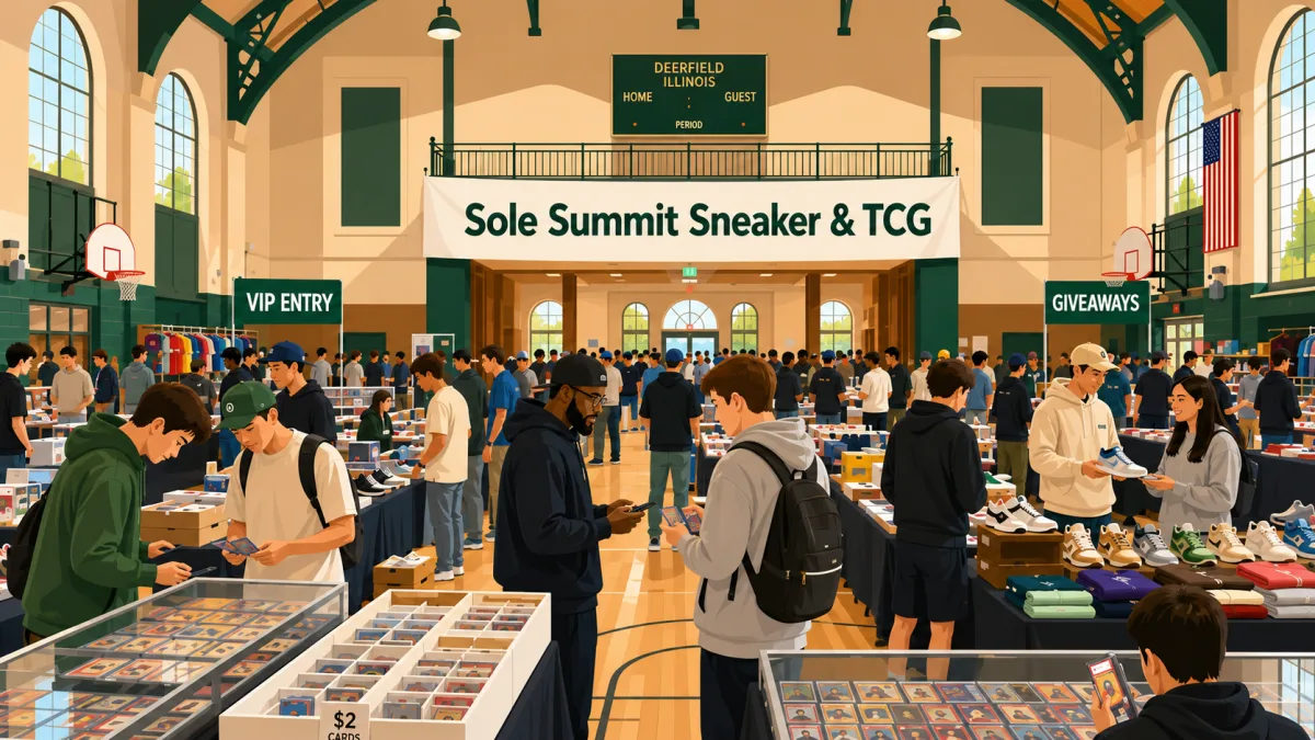 Illustration of collectors browsing cards, sneakers, and streetwear inside The Berto Center beneath a Sole Summit Sneaker & TCG banner.
