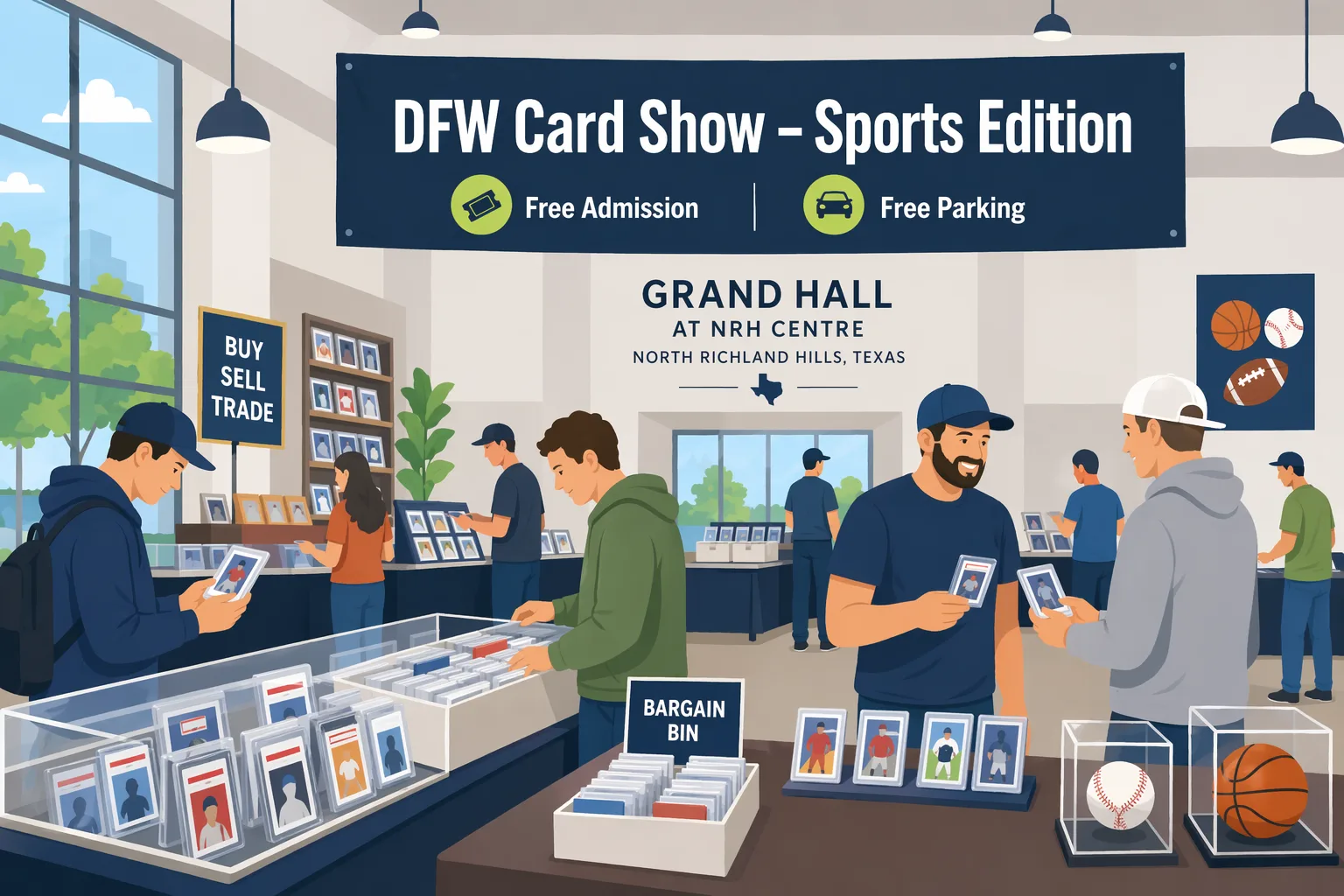 Illustrated sports card show scene for DFW Card Show – Sports Edition in North Richland Hills, with vendor tables, display cases, graded cards, bargain boxes, memorabilia, and collectors browsing inside a civic event hall.