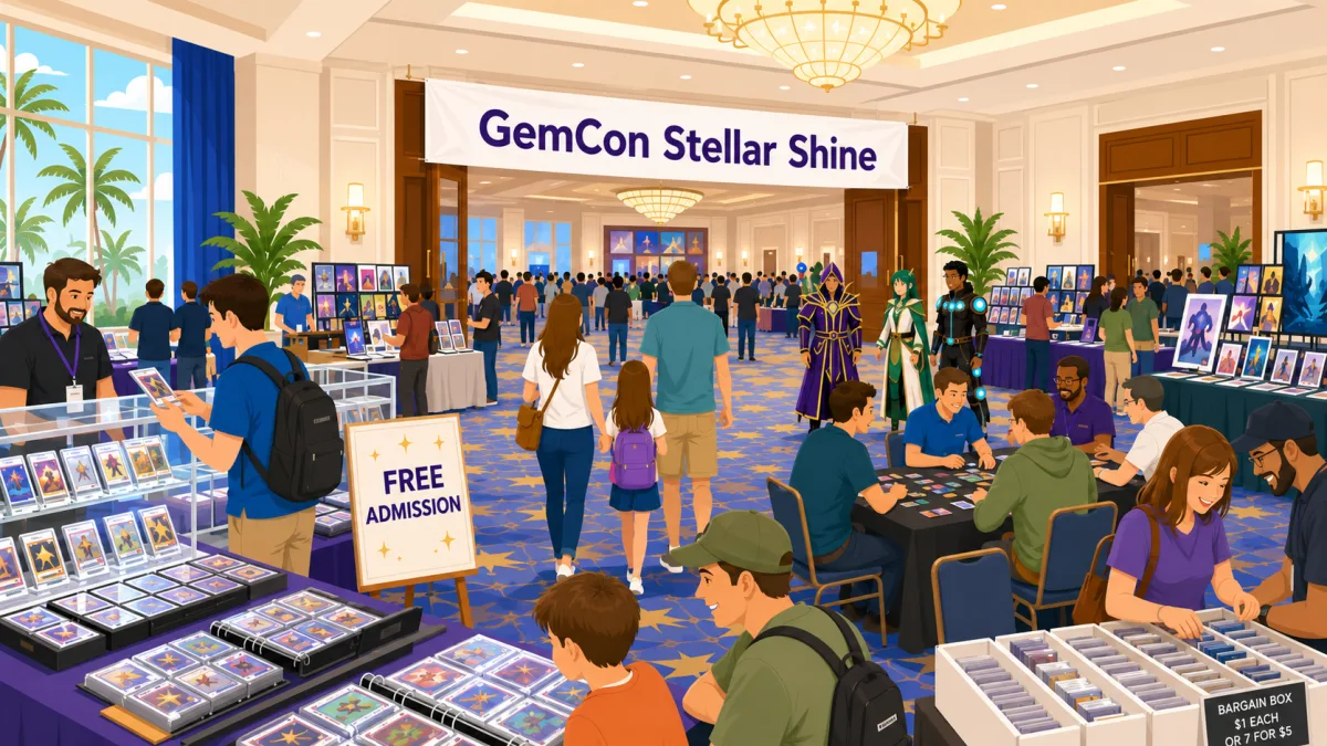 Provisional alt text: An illustrated hotel ballroom filled with card vendors, artists, players, collectors, and cosplayers beneath a GemCon Stellar Shine banner and Free Admission sign.