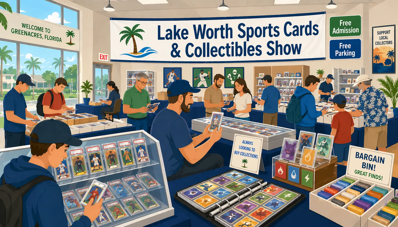 Illustration of the Lake Worth Sports Cards & Collectibles Show in Greenacres, Florida, showing a busy community hall with vendor tables, glass cases, sports card slabs, Pokémon binders, bargain boxes, and collectors browsing.