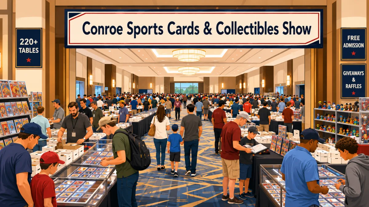 Illustration of collectors and families browsing a large hotel card show beneath a Conroe Sports Cards & Collectibles Show banner with 220+ tables and free admission callouts.