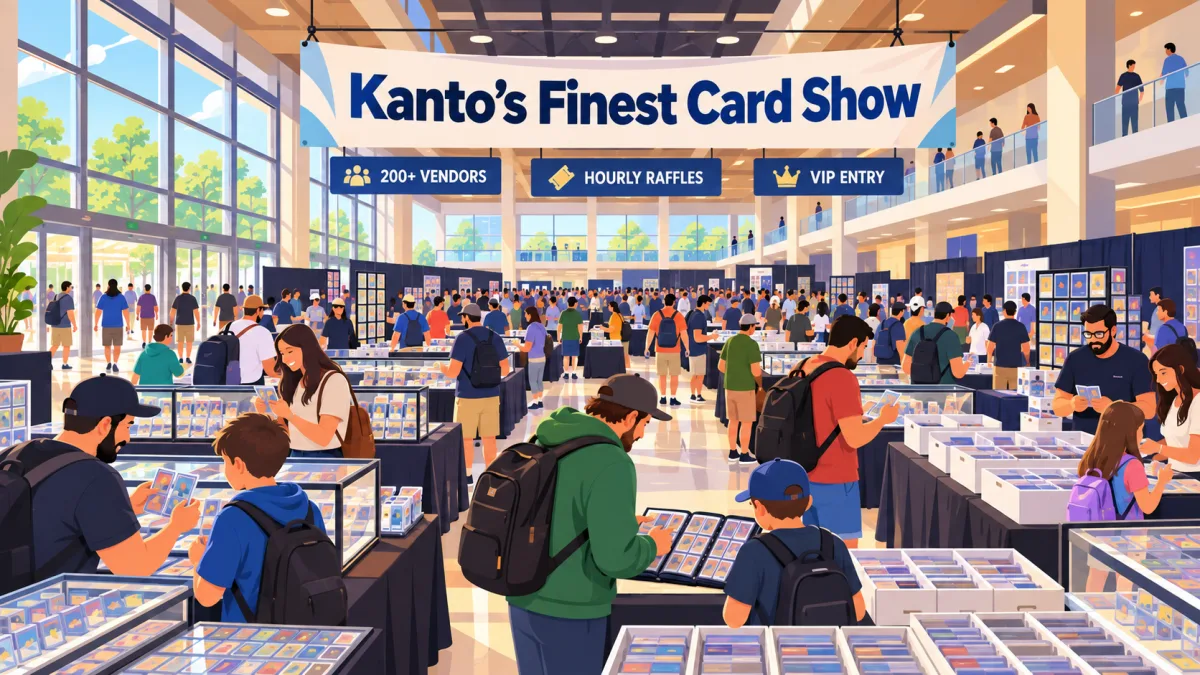Collectors browse vendor tables, display cases, binders, and card boxes beneath a Kanto's Finest Card Show banner inside NTX Arena.
