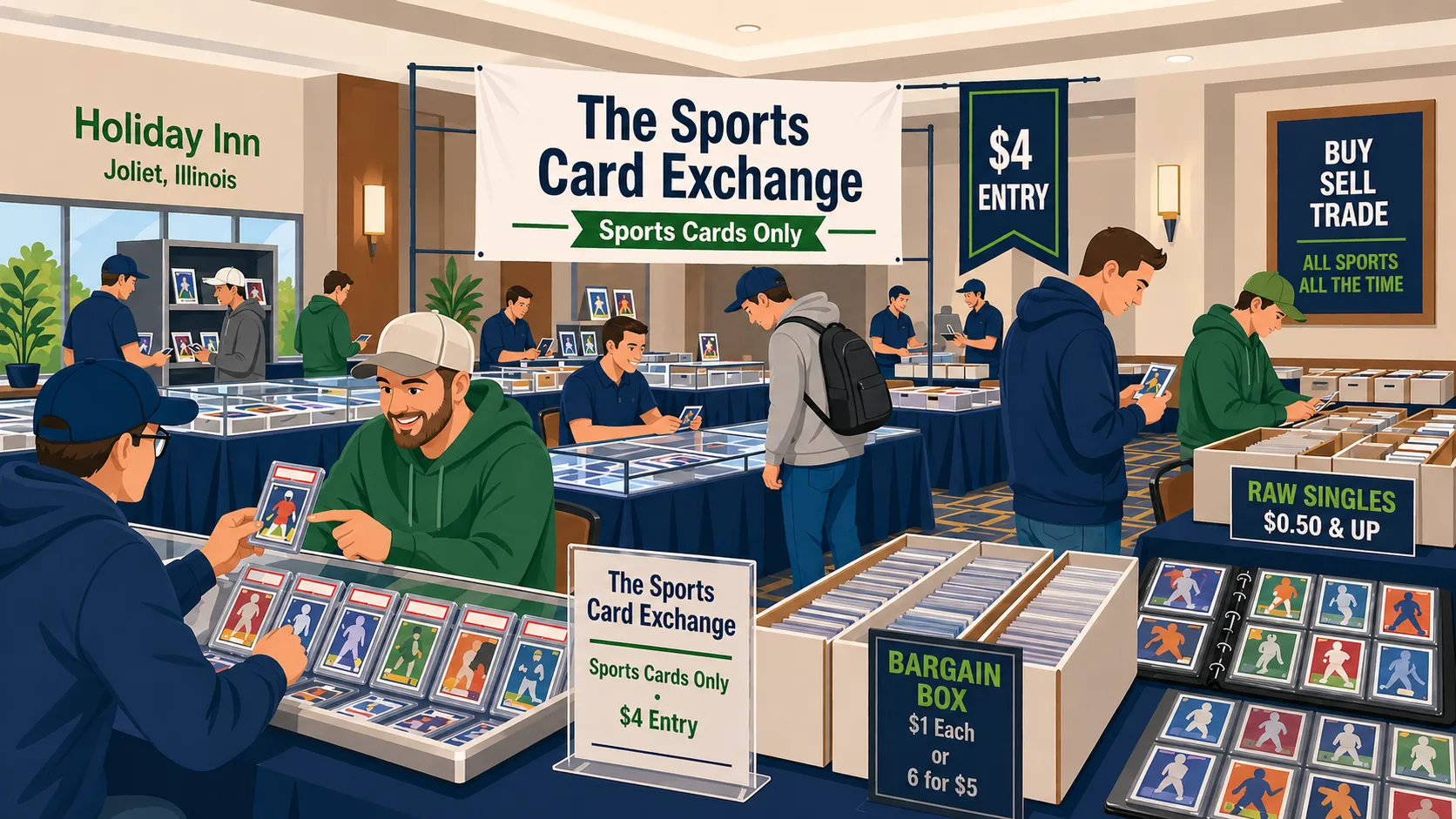 Modern vector illustration of The Sports Card Exchange in Joliet, Illinois, showing a hotel card show room with vendor tables, sports card slabs, binders, bargain boxes, and collectors trading.