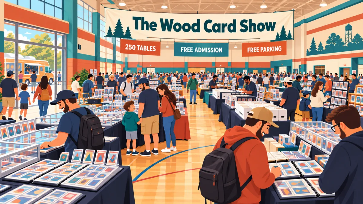 Collectors browse card displays, binders, and comic bins inside a spacious gym beneath a The Wood Card Show banner. Smaller signs advertise 250 tables, free admission, and free parking, with a food truck visible outside the entrance.