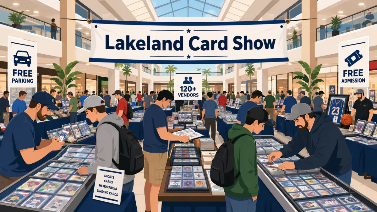 Lakeland Card Show at an indoor Florida mall, with glass cases of graded sports cards, a football helmet display, and crowds browsing vendor tables.