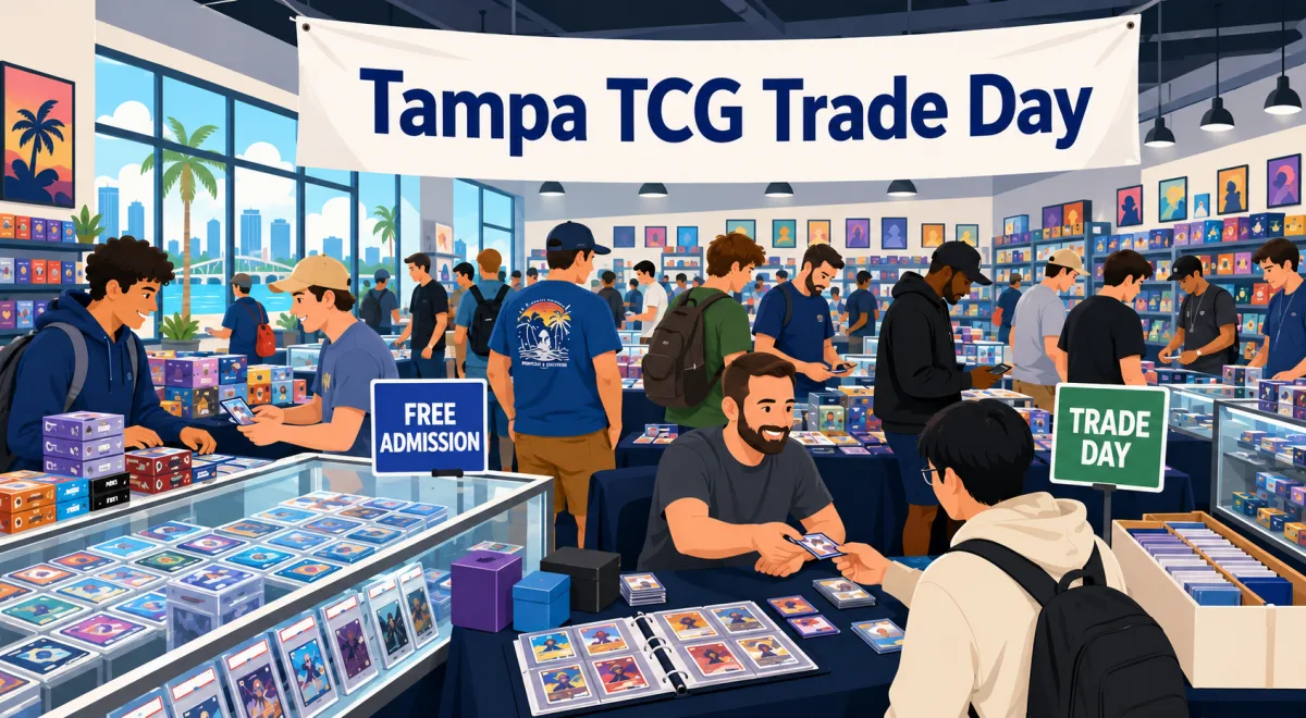 Tampa TCG Trade Day vendor floor with graded card slabs in display cases, binder trading, booster boxes, and a free admission sign drawing a packed crowd.