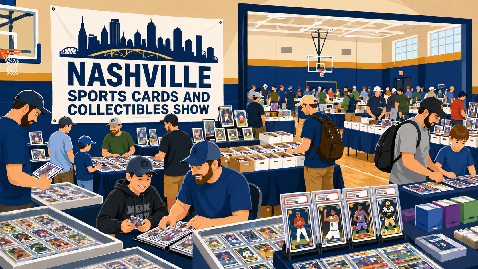 Nashville Sports Cards and Collectibles Show inside a packed gymnasium with dealer tables, graded card displays, Pokémon merch, and families browsing.