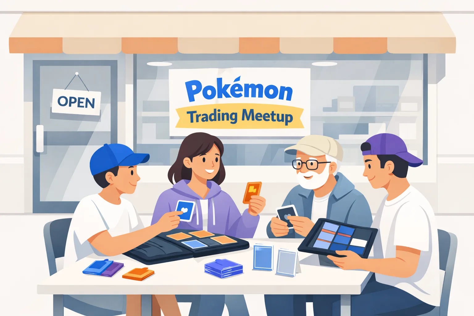 Modern illustration of a retail store Pokémon trading meetup, with collectors trading cards from binders at a table outside the storefront.