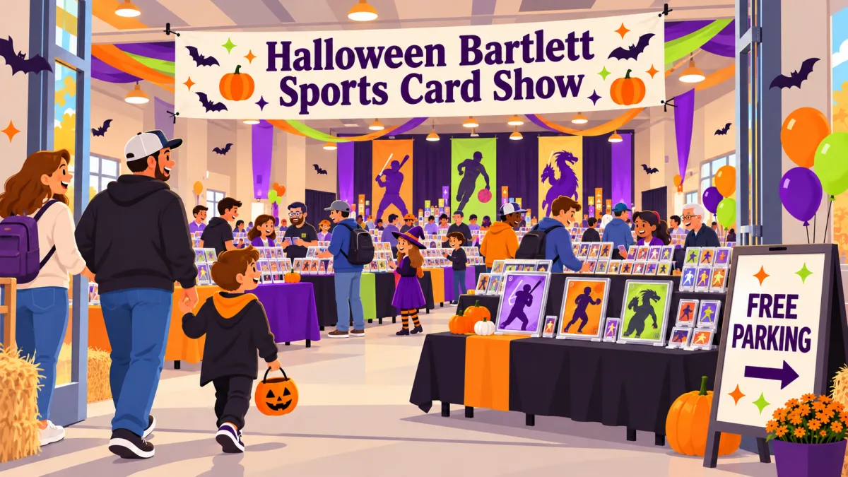Families and collectors enter a Halloween-decorated card show hall beneath a Halloween Bartlett Sports Card Show banner. Display tables, pumpkins, and a child carrying a treat bucket fill the welcoming scene.
