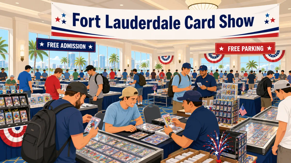 Fort Lauderdale Card Show filling a sunlit ballroom with rows of vendor tables, slab display cases, and collectors examining graded sports cards.