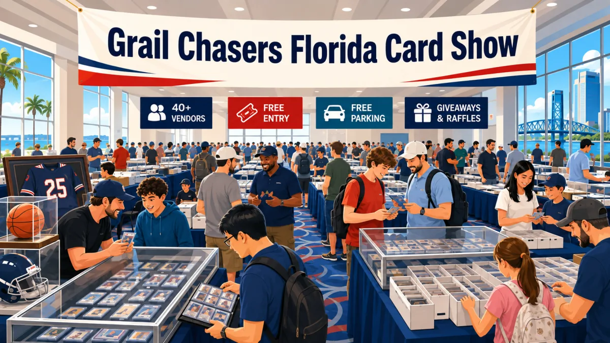 Illustration of collectors browsing card and memorabilia tables beneath a Grail Chasers Florida Card Show banner inside a Jacksonville university event center.