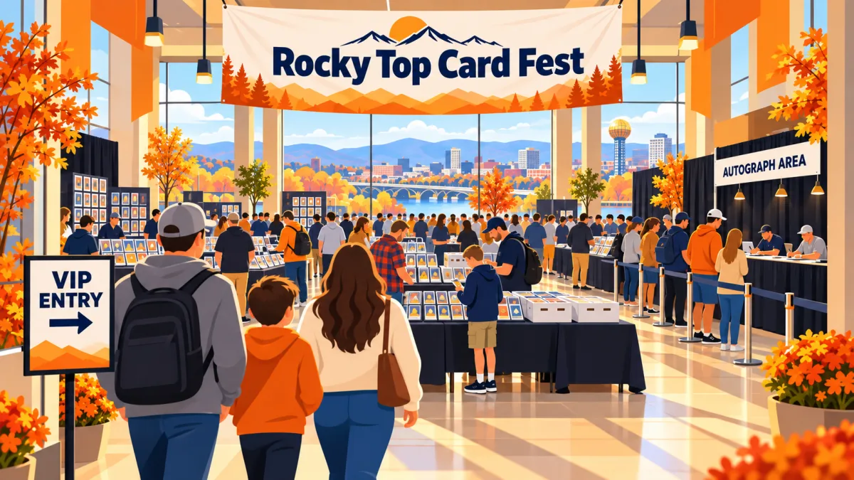 Collectors browse card displays and binders beneath a Rocky Top Card Fest banner in a bright convention hall. An autograph area and VIP entry sign sit beside the vendor floor.