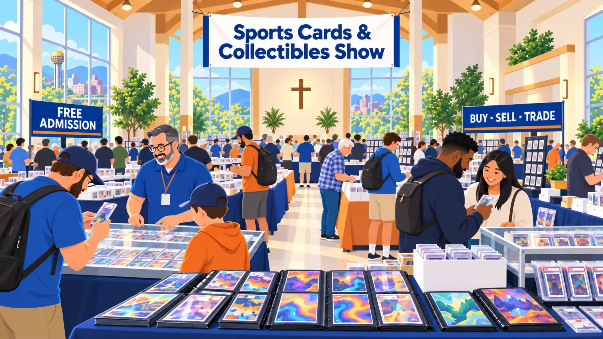 Illustration of collectors browsing sports cards and trading cards at vendor tables beneath Sports Cards & Collectibles Show and Free Admission signs in a Knoxville community hall.