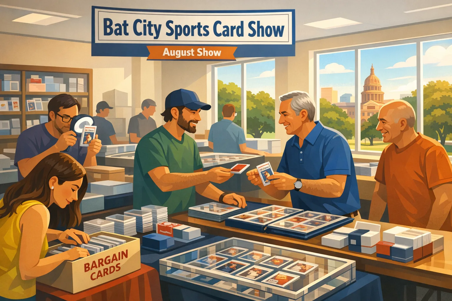 Bat City Sports Card Show in Austin, Texas during the August 2026 sports card event at Kenny’s Collectibles, with two men trading cards, one man inspecting a graded card, one woman browsing cards, and another man watching nearby.