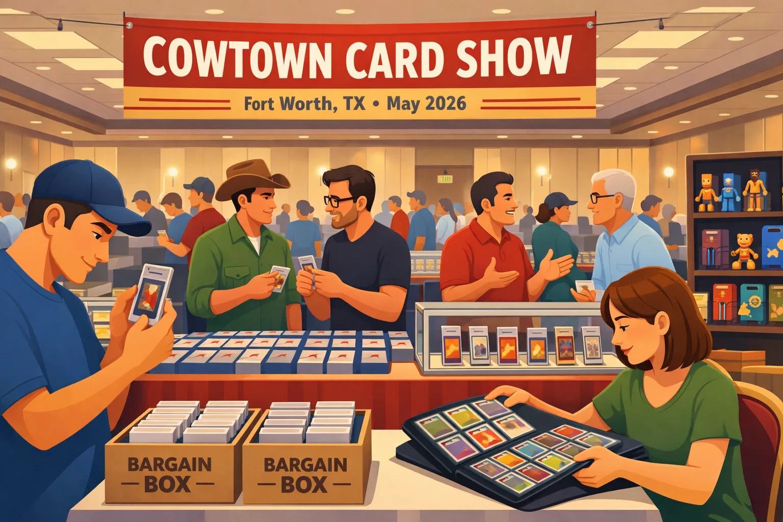 Cowtown Card Show Fort Worth hero illustration showing collectors browsing sports cards, Pokémon cards, and collectibles at a local Fort Worth card show in May 2026.