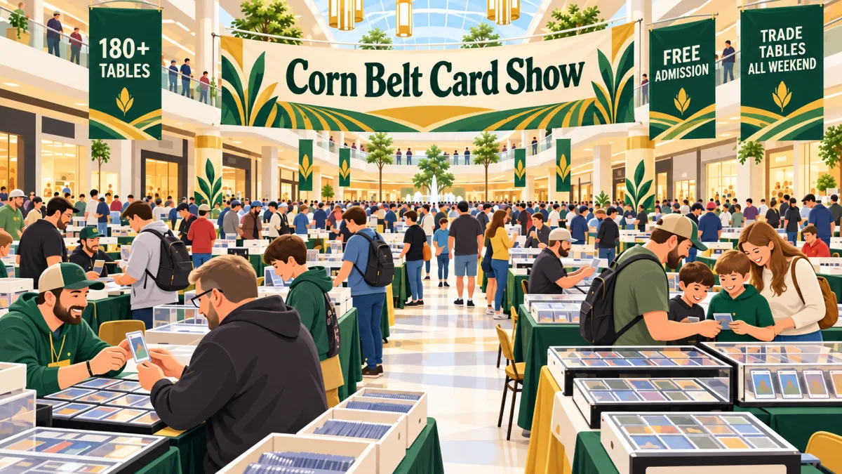 Illustration of collectors browsing and trading inside a mall card show beneath a Corn Belt Card Show banner with 180+ tables and free-admission callouts.