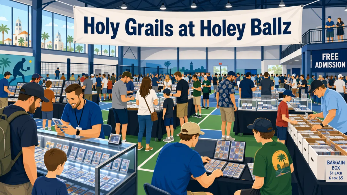 Holy Grails at Holey Ballz card show with collectors browsing glass cases of graded slabs, dollar bargain box bins, and a free admission banner.