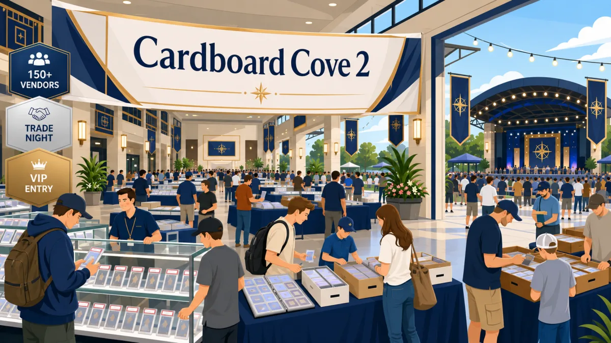 Illustration of collectors browsing trading-card tables inside a resort convention venue beneath a Cardboard Cove 2 banner, with an outdoor stage visible beyond the show floor.