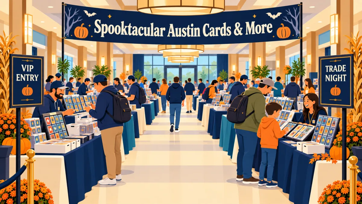 Collectors and a family browse card displays and binders in a hotel event hall beneath a Spooktacular Austin Cards & More banner. Small signs mark VIP entry and trade night.