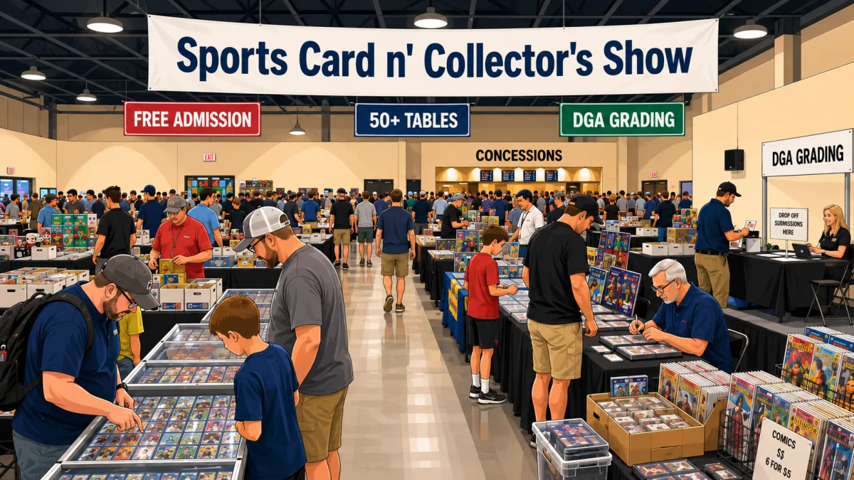 Sports Card n' Collector's Show with crowded vendor tables of graded cards, comic bins, a DGA grading drop-off station, and a concessions stand.