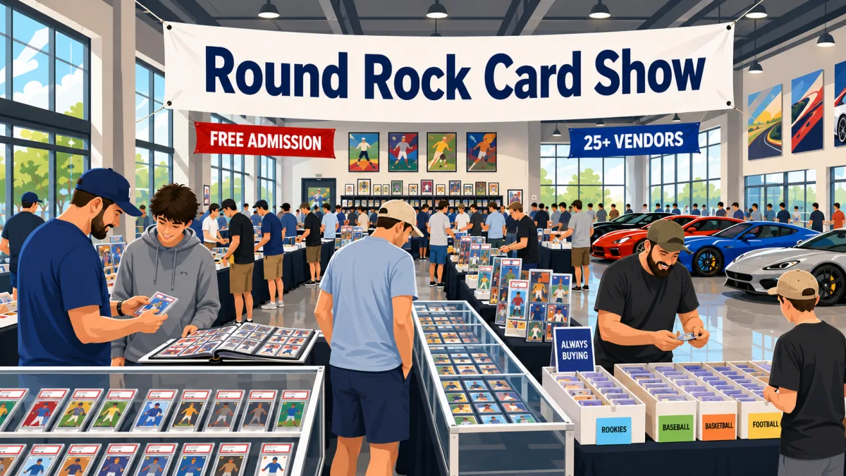 Round Rock Card Show with collectors browsing graded slabs, bargain box bins sorted by sport, and sports cars displayed beside vendor tables.