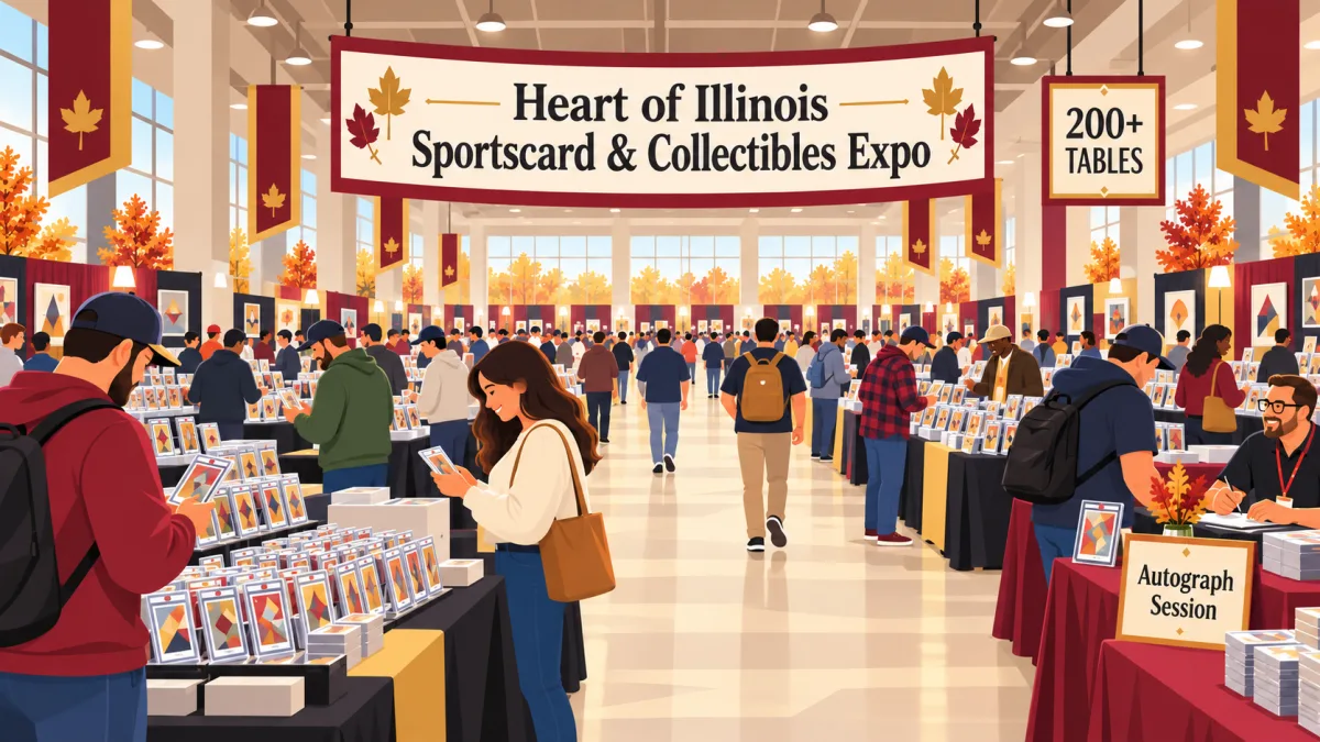 Collectors browse trading cards at rows of vendor tables beneath a Heart of Illinois Sportscard & Collectibles Expo banner. An autograph desk sits beside the main aisle.