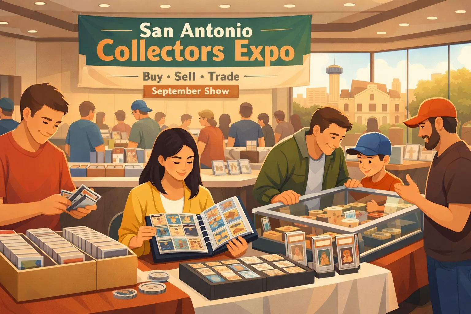 Illustration of the San Antonio Collectors Expo in September 2026, with collectors browsing sports cards and Pokémon binders, a parent and child viewing a display case, and vendors inside a bright San Antonio event hall.
