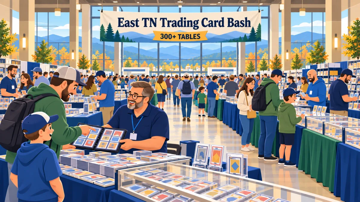 Collectors and families browse trading card tables beneath an East TN Trading Card Bash banner in a spacious convention hall. Mountain silhouettes appear through high windows behind the show floor.