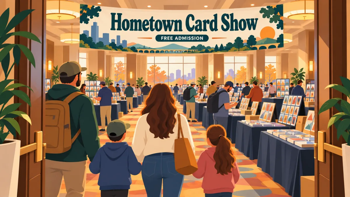 Collectors browse trading-card tables in a warmly lit hotel event room while a family enters beneath a Hometown Card Show banner with a free admission sign.