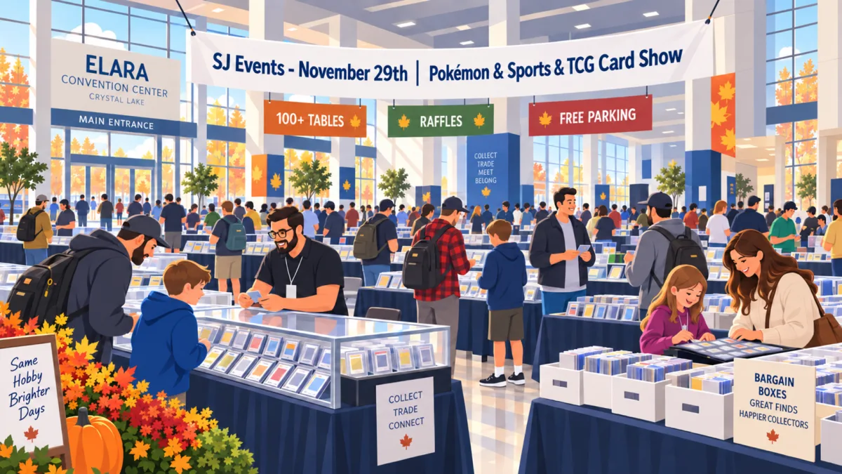 Illustrated view inside ELARA Convention Center with collectors browsing card tables beneath an SJ Events November 29 card show banner.