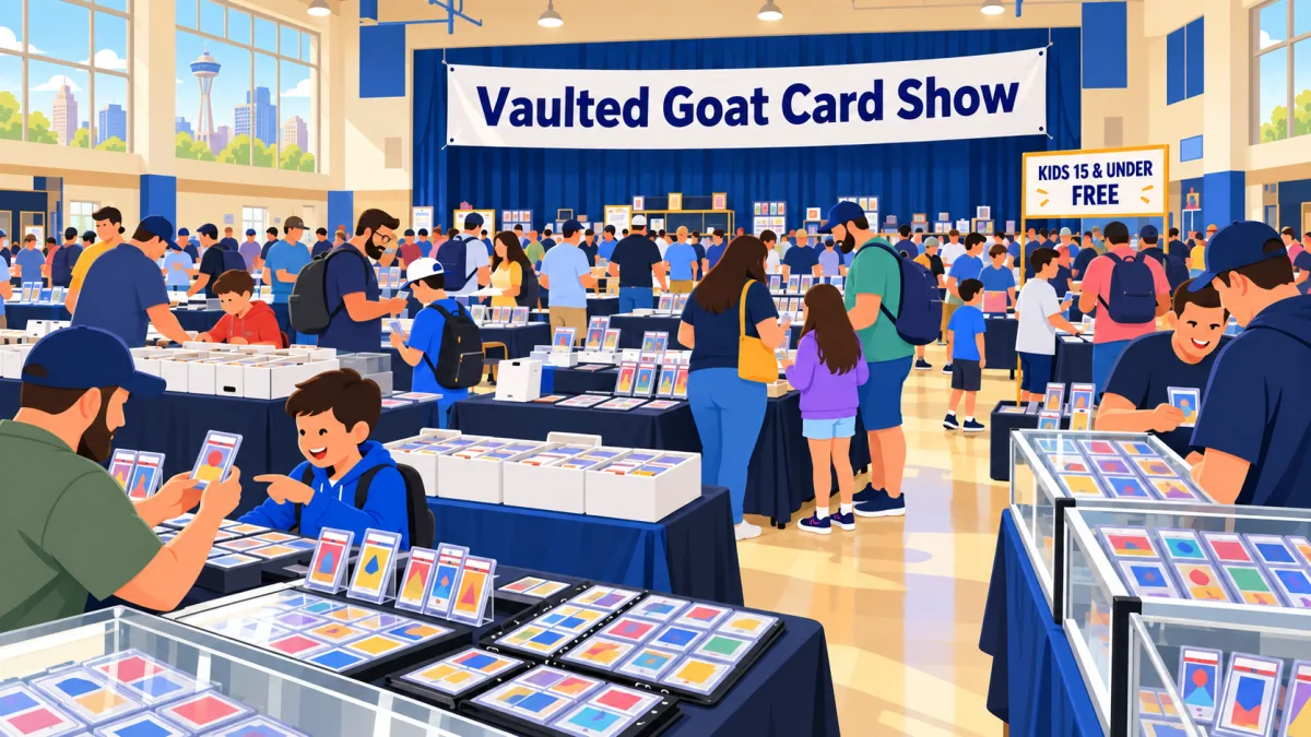 Families and collectors browse card tables inside a bright school multipurpose hall beneath a Vaulted Goat Card Show banner.