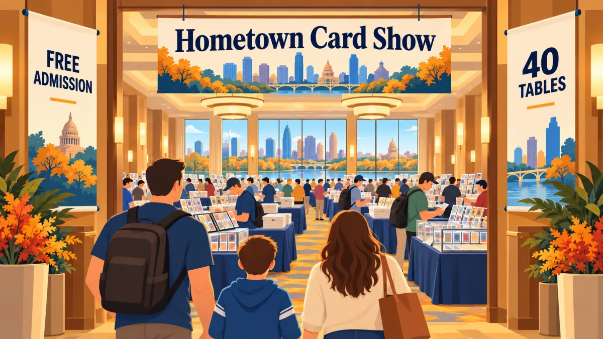 Collectors browse card displays and binders in a hotel meeting hall beneath a Hometown Card Show banner. A family enters the show beside signs for free admission and 40 tables.