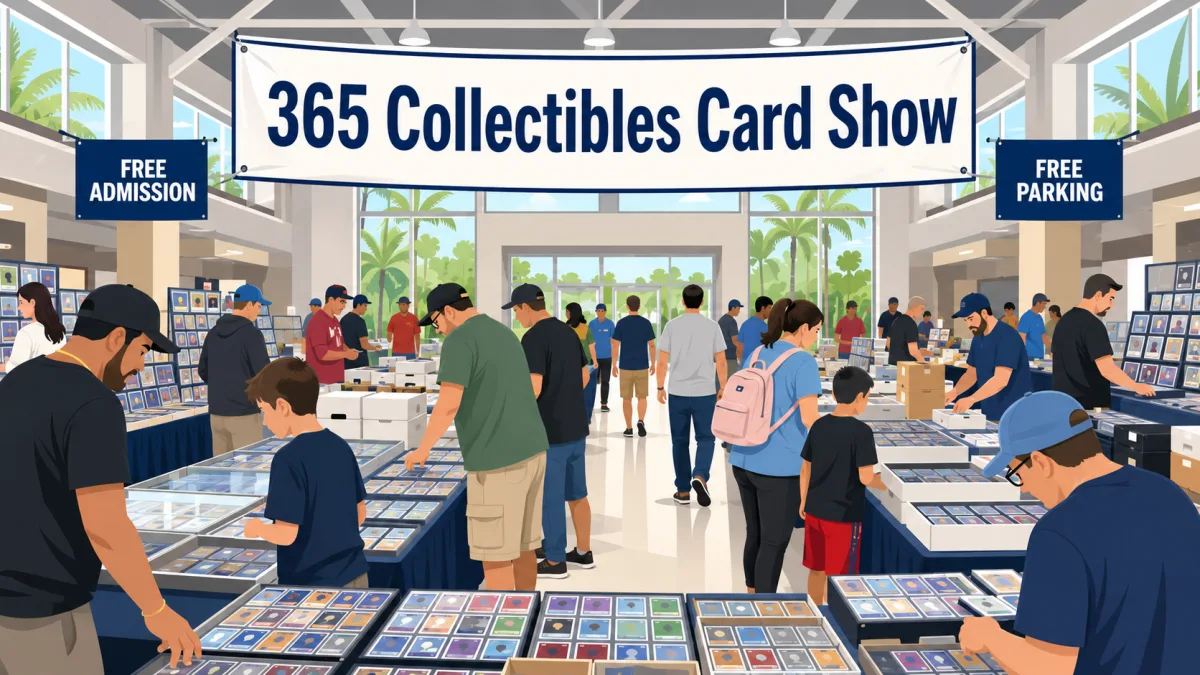 365 Collectibles Card Show with attendees browsing glass display cases of graded sports cards across rows of vendor tables under a large banner.