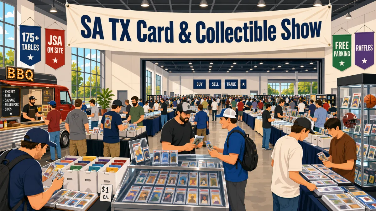 SA TX Card and Collectible Show with graded slabs in glass display cases, a dollar bargain bin, and an on site BBQ truck as collectors browse busy aisles.