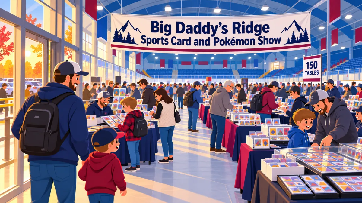 Adults and children browse trading card tables inside an indoor arena beneath a Big Daddy’s Ridge Sports Card and Pokémon Show banner. Display cases, open binders, and card boxes line the aisles.