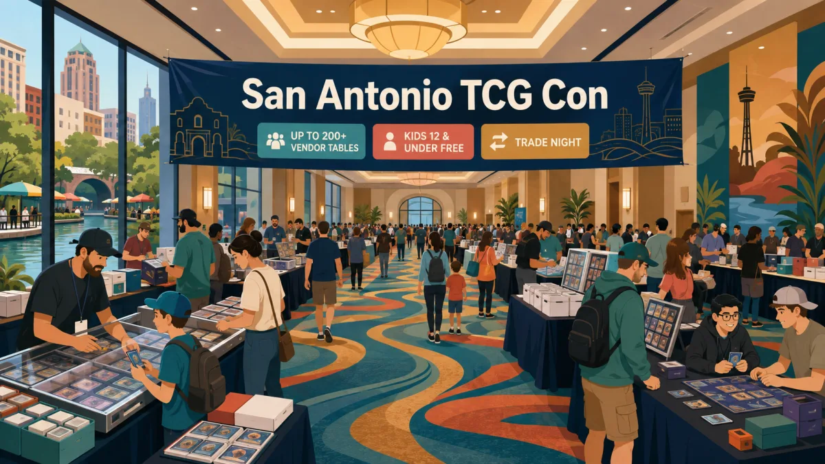 Illustrated San Antonio TCG Con hotel ballroom with collectors browsing vendor tables beneath event and trade night banners.