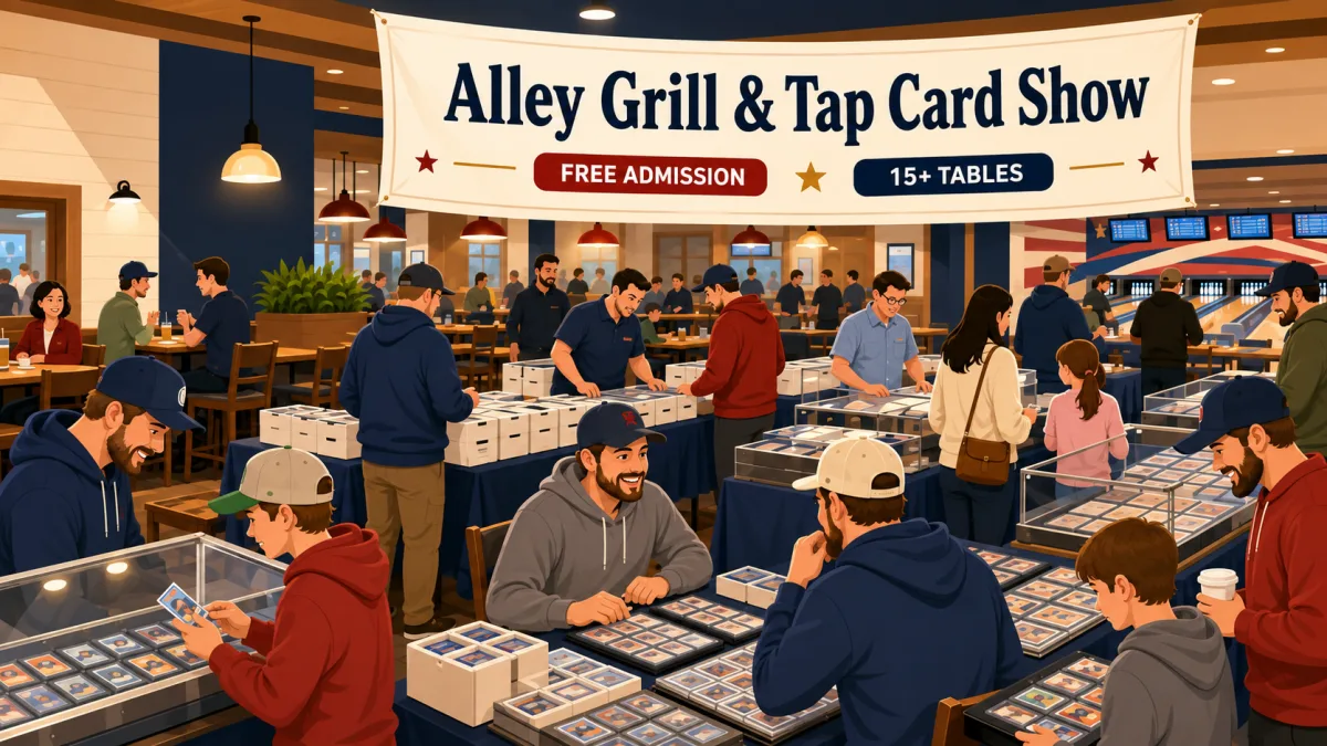 Collectors and families browse card tables inside the Alley Grill & Tap Card Show beneath free-admission and 15-plus-table signage.